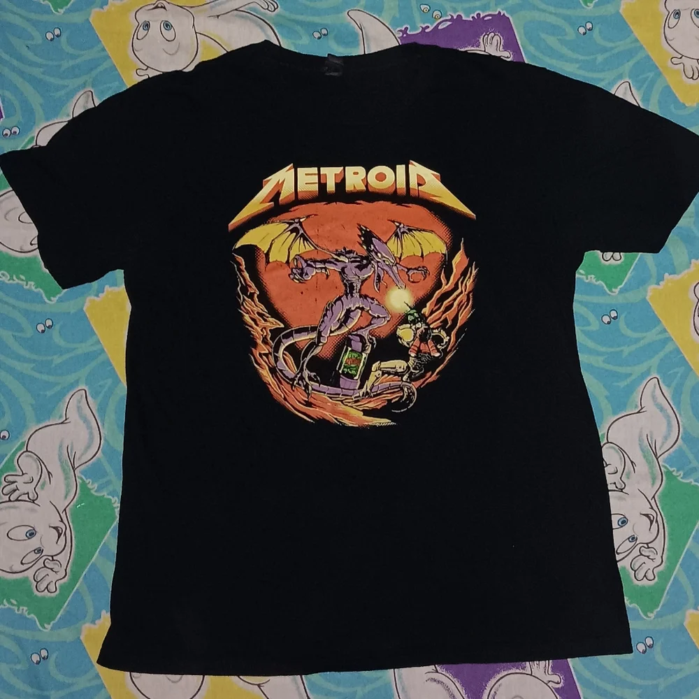 Metroid Metallica Logo Enter Samus Video Game Metal Band Shirt Rock Tee Nes - Picture 2 of 5